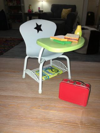 American Girl Green & Blue School Desk Chair W/ Swivel Table,  Lunchbox,  Math Book