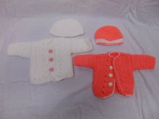 (2) American Girl Bitty Baby Knit Outfits W/ Caps White And Pink Colors Button