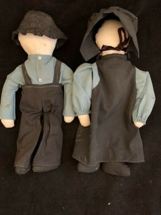Vintage Amish Dolls Traditional Faceless Cloth Woman And Man 10” - Dh