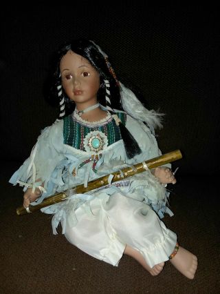 Native American Porcelain Doll 12 " Tall Indian Princess W/ Wood Flute
