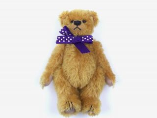 Small 5 - Way Jointed Mohair Teddy Bear Purple Polka Dot Ribbon 5 "
