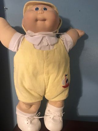 Vintage 1978 1982 Cabbage Patch Doll Blonde Boy Blue Eyes Overalls Outfit