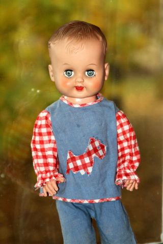 Vintage 1950s Rubber Baby Boy Doll In Handmade Gingham Scottie Dog Outfit 14 "