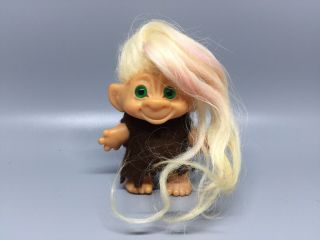 Vintage Troll Long Blonde Hair With Pink Highlight Green Eyes 2.  5 "