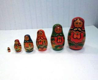 Vintage Made In Ussr Russian Nesting Dolls 6 Piece Hp Wood Matryoshka Babushka