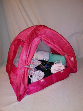 American Girl Doll Red Great Outdoor Camping Tent Sleeping Bag Pillows Blanket