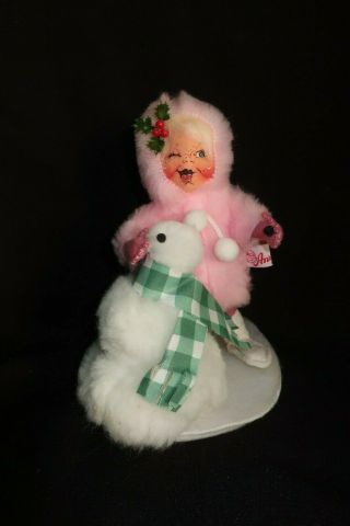 A41 Vintage Annalee Christmas Doll 1993 Making A Snowman Pink Coat 7 "