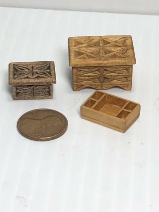 2 Tiny Miniature Hand Carved Box Trunk Doll Dollhouse 2