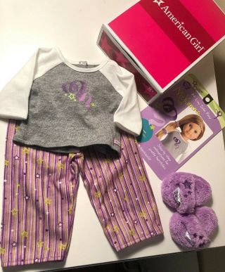American Girl Mckenna Pajamas Gymnastics Shirt Pants Purple Gray Slipers Box