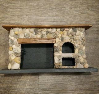 Miniature Stone Dollhouse Fireplace With Natural Wood Mantle Signed By Maker