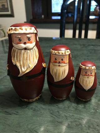 Santa Nesting Dolls Nostalgic Primitive Rustic Christmas Crafted In Wood Set 3