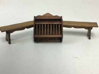 Dollhouse Miniature Yew Tree Rustic Benches And Hanging Plate Rack