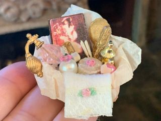 Vintage Miniature Dollhouse Artisan Sweet Round Box Filled Vanity Items 1:12