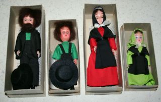 4 Vtg Plastic Amish Dolls In Boxes (5 " Boy 6 " Girl 7 " Boy 7 " Girl) Lancaster Pa
