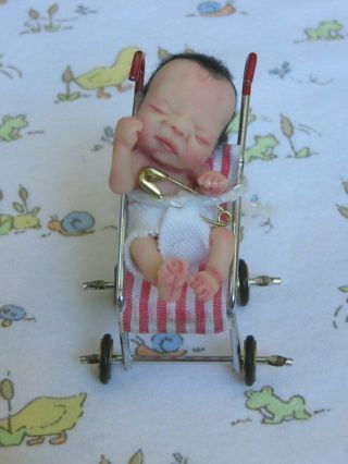 Ooak Polymer Clay Baby In Stroller