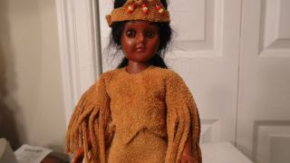 Vintage Native American Doll In Leather Dress & Head Band With Beads,  7 1/2 "