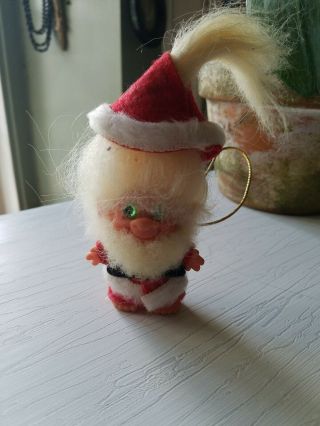 Vtg Mohair Troll Doll Green Eyes Felt Santa Ornament Christmas