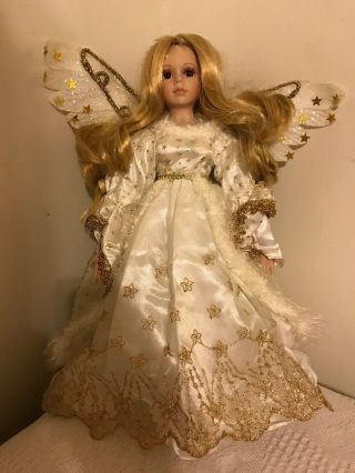 Angel 17” Porcelain Doll White With Gold Trim & Star Dress,  Blonde Hair,  Stand
