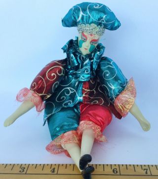 Vintage Sugar Loaf Hand Painted Bisque Porcelain Mardi Gras Harlequin Doll Clown
