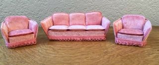 Vintage Dollhouse Pink Velvet Sofa And 2 Chairs