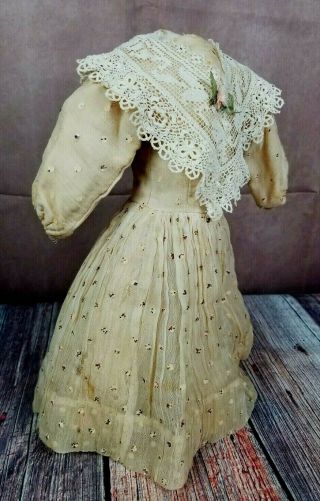 Antique Doll Dress For German/french Doll W/ Loads Detail Long Sleeve Polka Dots