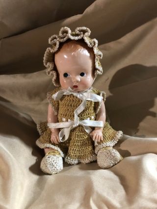 Vintage Celluloid Baby Doll Crochet Dress Bonnet Clothes 7”