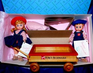 Madame Alexander Fao Schwartz Twin Dolls David & Diana W/ Wood Wagon