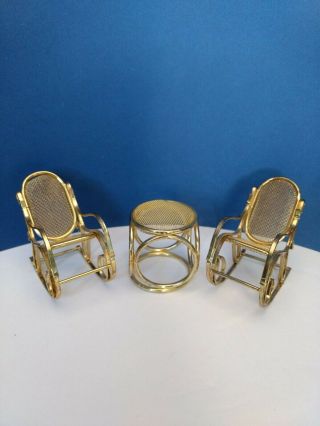 Dollhouse Miniature Furniture Gold Metal 2 Rocking Chairs With Side Table