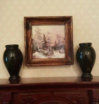 Dollhouse Miniature Vintage Ooak Painting Of Winter Scene In Wood Frame,  Signed
