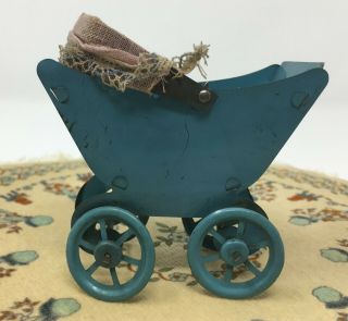 Antique Blue Tin Baby Carriage Stroller Pram Dollhouse Miniature