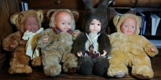 Anne Geddes Baby Animal Dolls Stuffed 3 Bears,  1 Squirrel 14 - 15 "