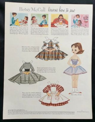 Vintage Betsy Mccall Mag.  Paper Dolls,  Betsy Mccall Learns How To Sew,  Sept.  1957