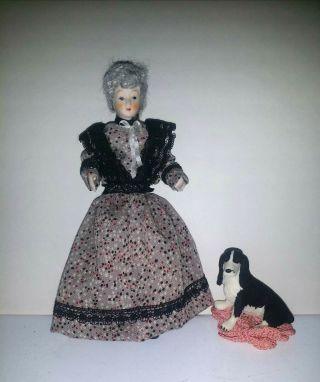 Estate Vintage Dollhouse Doll Porcelain Older Lady Grandma " Victorian ",  Dog