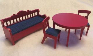 Vintage Lundby Swedish Wooden Dollhouse Furniture Dining Set Bench Table Chairs