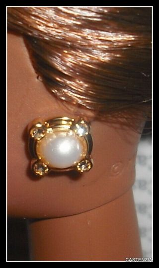Jewelry Barbie Doll Tweed Suit Silkstone Faux Gold Pearl Diamond Earrings