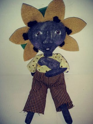 Primitive Black Rag Doll With Crow Sunflower Black - Eyed Susan