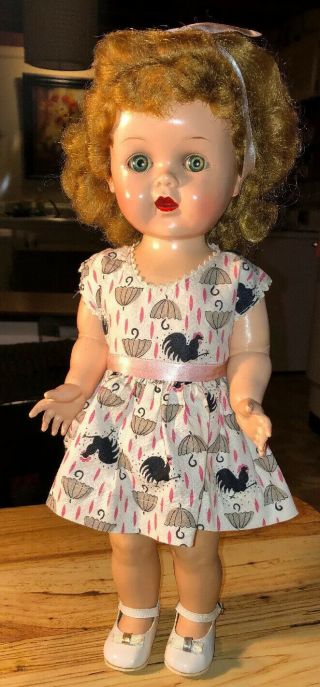 Ideal Saucy Walker Doll 16” 1950’s Drk Blonde Hair,  Lt Blue Eyes,  Dress & Shoes