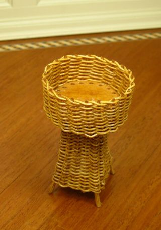 Natural Wicker Round Plant Stand - Artisan Dollhouse Miniature