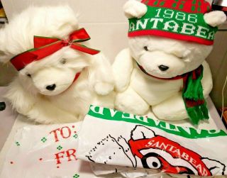 Dayton Hudson 1986 Christmas Santa Bear & 1987 Miss Santa Bear W/ Bags