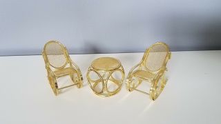 Brass Gold - Tone Metal Dollhouse Furniture Rocking Chairs And Table Set