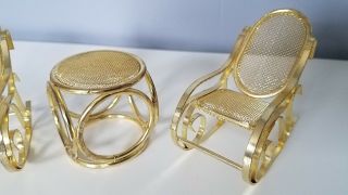 Brass Gold - tone Metal dollhouse furniture Rocking Chairs and Table set 3