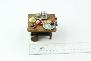 Dollhouse Miniature Dessert Tea Cart 1:12 W/ Desserts & Silver Coffee Setting