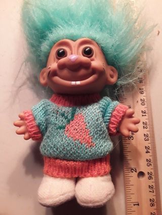Russ Wacky Wabbit Troll Doll Carrot Sweater,  Aqua Blue Hair 5 " No Ears