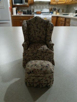 Miniature Dollhouse Furniture 1/12 Scale.  Upholstered Chair With Matching Ottoma