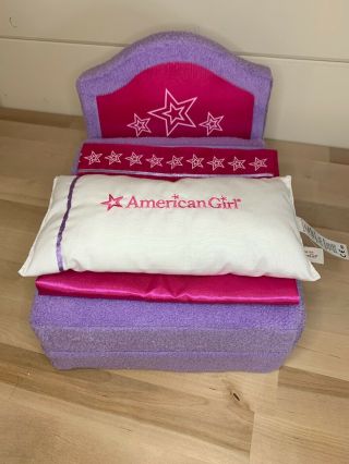 American Girl Sit Snooze Fold Out Bed Purple Pink Blanket Pillow Hotel Exclusive
