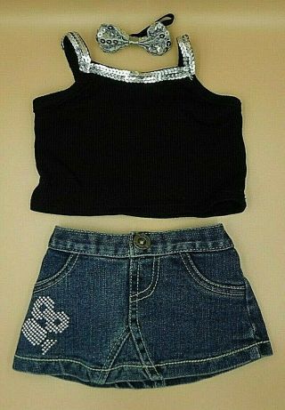 Build A Bear Clothes Black Silver Sequin Outfit Tank Top Denim Skirt Bow