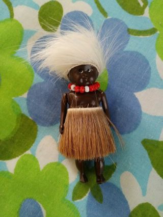 Antique Celluloid Jointed Toy Native Doll Real Fur Skirt 3