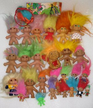 About 28 Small Trolls Troll Dolls 3 Inch 2” And 1” Variety Of Colors Most Naked