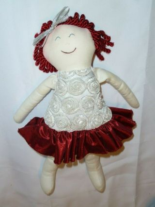 Woof & And Poof Red Cloth Stuffed Rag Doll Silver Rosette Flower Dress Yarn Hair