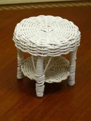 Round White Wicker Side Table With Under Shelf - Artisan Dollhouse Miniature